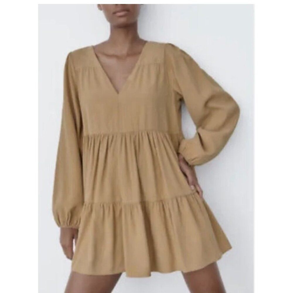 Zara Women’s Dark Caramel Tiered Long Sleeve Mini Dress Size M